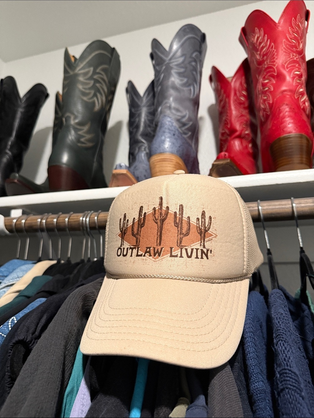 OTTO Outlaw Livin’ Beige Trucker Cap with Country Western Desert Cactus Graphic - Picture 7 of 10